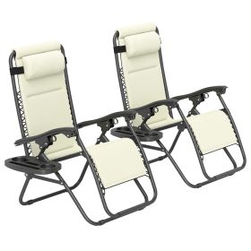 Outsunny Zero Gravity Lounge Chair Set, 2 Pieces Reclining Folding Outdoor Lounge Chairs with Headrest Side Tray, Cream
