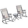 Outsunny 3 Piece Rocking Bistro Set Outdoor Cream White Folding Chairs Glass Coffee Table for Yard Patio Deck