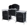 Outsunny Portable Camping Kitchen Aluminum Table Windscreen 3 Cupboards BBQ Black