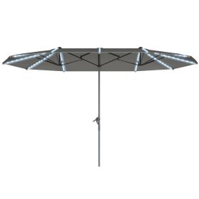 Outsunny 15ft Double-Sided Outdoor Umbrella with Solar Lights, UPF50+ Extra Large Aluminum Patio Umbrella with Crank, Dark Gray