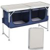 Outdoor Folding Table with Faux White MDF Top Aluminum Frame Rectangular Design Blue Fabric Storage Cabinet Adjustable to 3 Heights Portable Camping T