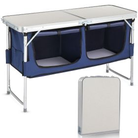 Outdoor Folding Table with Faux White MDF Top Aluminum Frame Rectangular Design Blue Fabric Storage Cabinet Adjustable to 3 Heights Portable Camping T