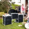 Outsunny Portable Camping Kitchen Aluminum Table Windscreen 3 Cupboards BBQ Black