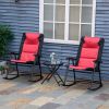 Outsunny 3 Piece Outdoor Patio Furniture Set with Glass Coffee Table & 2 Folding Padded Rocking Chairs, Bistro Style for Porch, Camping, Balcony, Red