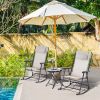 Outsunny 3 Piece Rocking Bistro Set Outdoor Cream White Folding Chairs Glass Coffee Table for Yard Patio Deck