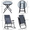 Outsunny 3 Piece Outdoor Rocking Bistro Set, Patio Folding Chair Table Set with Glass Coffee Table for Yard, Patio, Deck, Backyard, Grey
