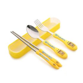 Children's three-piece cartoon cutlery stainless steel chopsticks spoon fork (Coor: yellow)