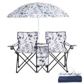 Portable Folding Picnic Double Chair with Umbrella (Color: White Palm Tree)