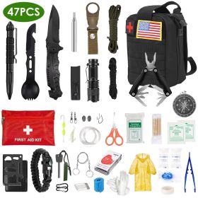 47Pcs Emergency Survival Kit Survival EDC Gear Equipment Tool First Aid Supplies Kit Tools with Pouch for Hiking Hunting Disaster Camping Adventure (Color: Black)