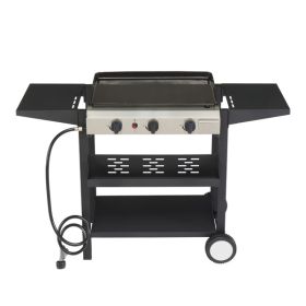 3-Burner Flat Top Gas Griddle Cooking Station with Ceramic Coated Cast Iron Pan (Color: as picture)