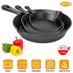 3Pcs Pre-Seasoned Cast Iron Skillet Set 6/8/10in Non-Stick Oven (Color: Black)