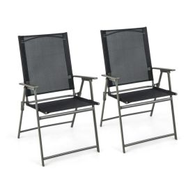2 Pieces Patio Folding Chairs with Armrests (Color: Black & Gray)