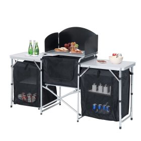 Outsunny Aluminum Portable Camping Kitchen Fold-Up Cooking Table With Windscreen and 3 Enclosed Cupboards for BBQ, Party, Picnics, Backyards (Color: as Pic)